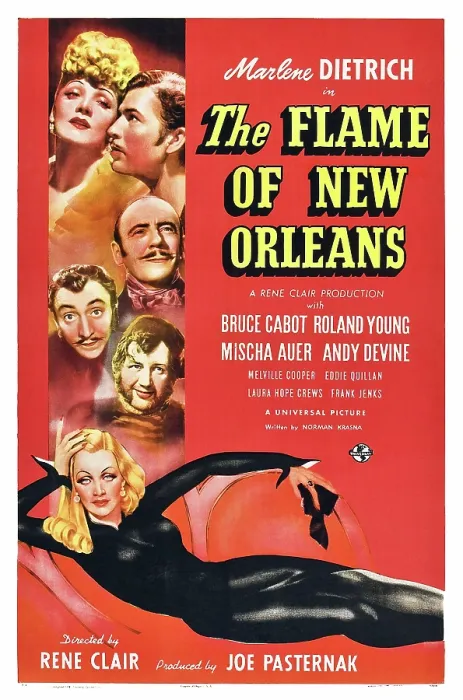 Framed Print : THE FLAME OF NEW ORLEANS, US poster, left from top: Marlene Dietrich, Bruce Cabot, Roland Young, Mischa Auer, Andy Devine, Marlene Dietrich, 1941 Framed Print : THE FLAME OF NEW ORLEANS, US poster, left from top: Marlene Dietrich, Bruce Cabot, Roland Young, Mischa Auer, Andy Devine, Marlene Dietrich, 1941