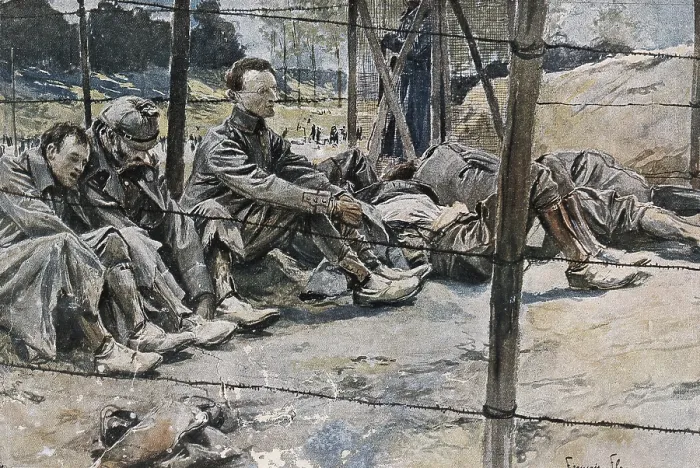 Framed Print : FLAMENG, Franois (1856-1923). WWI. German prisoners of war during the Battle of the Somme of 1916. Published in 'L'Illustration'. 1917. Watercolour