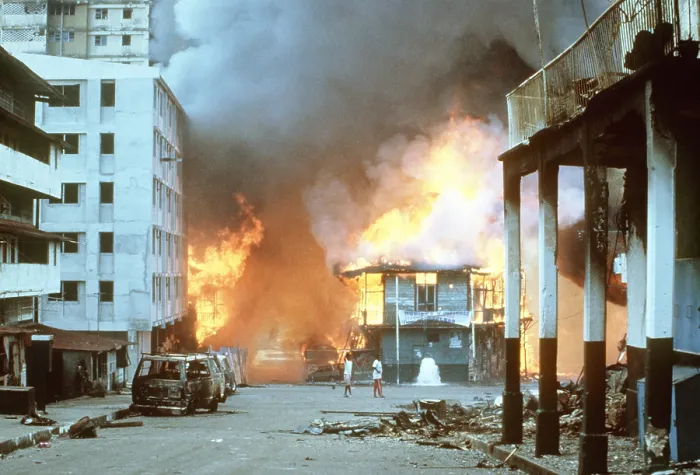Framed Print : Flames engulf buildings in Panama City during urban combat between the Panamanian Defense Force and U.S. forces during the invasion of Panama. Dec. 21 1989. (BSLOC_2011_3_18) Framed Print : Flames engulf buildings in Panama City during urban combat between the Panamanian Defense Force and U.S. forces during the invasion of Panama. Dec. 21 1989. (BSLOC_2011_3_18)