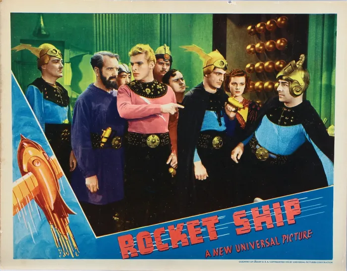 Framed Print : FLASH GORDON, (aka ROCKETSHIP), lobbycard Frank Shannon (beard), Buster Crabbe (pointing), Jean Rogers (back right), 1936