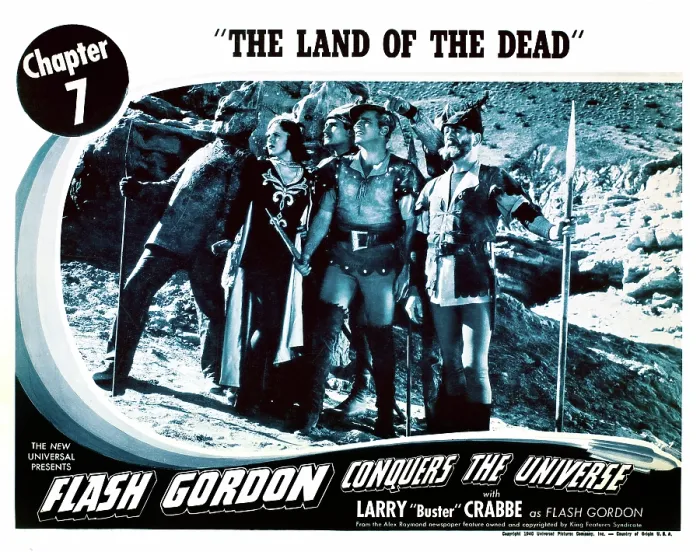 Framed Print : FLASH GORDON CONQUERS THE UNIVERSE, Chapter 7: The Land of the Dead, from left: Carol Hughes, Buster Crabbe, Frank Shannon, lobbycard, 1940
