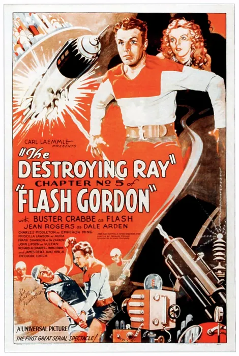 Framed Print : FLASH GORDON, top from left: Buster Crabbe, Jean Rogers, bottom right: Buster Crabbe in Chapter 5: The Destroying Ray, 1936