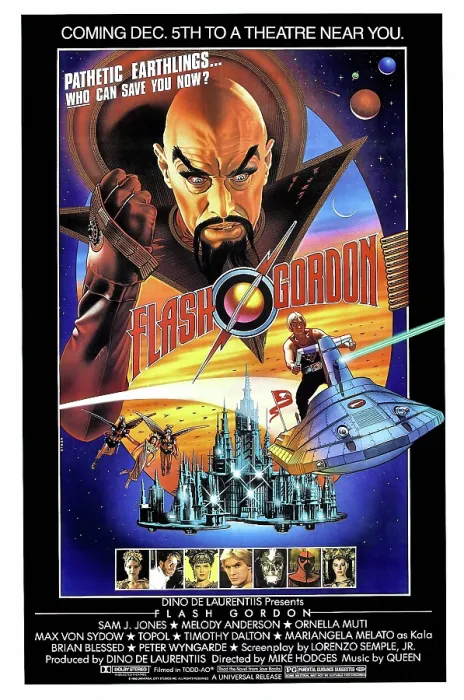 Framed Print : FLASH GORDON, US poster, bottom l-r: Ornella Muti, Topol, Melody Anderson, Sam J. Jones, Mariangela Melato, 1980, Universal / courtesy Everett Collection