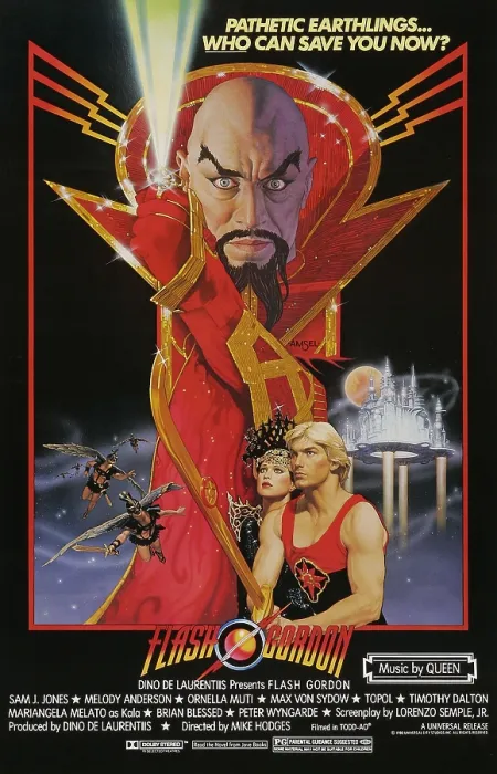 Framed Print : FLASH GORDON, top: Max Von Sydow, bottom l-r: Melody Anderson, Sam J. Jones on poster art, 1980, Universal Pictures / courtesy Everett Collection