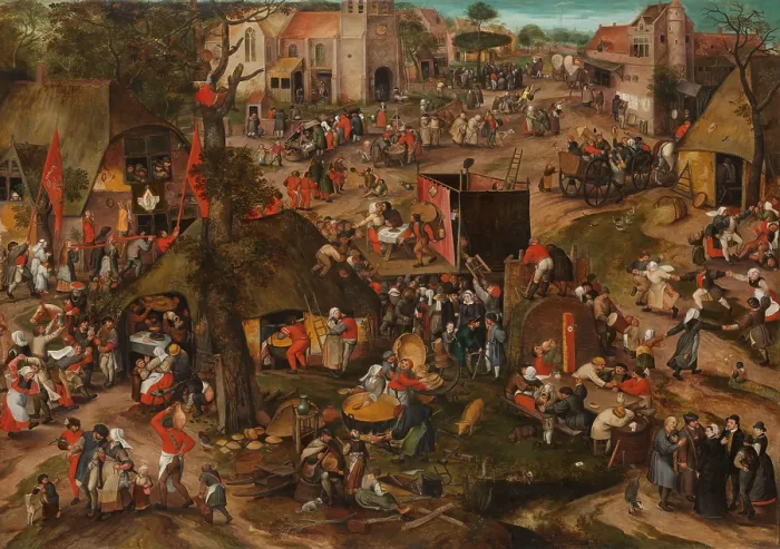Framed Print : A Flemish Kermis with a Performance of the Farce EN CLUYTE VAN PLAEYERWATER, by Peeter Baltens. The town is celebrating a festival and human activities of every sort abound