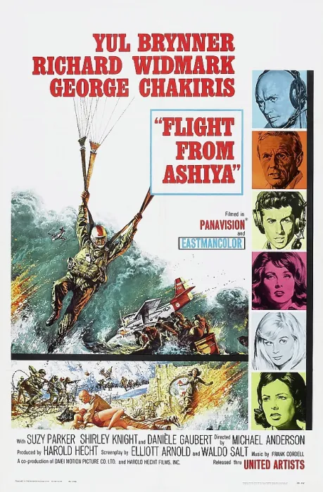 Framed Print : FLIGHT FROM ASHIYA, from top: Yul Brynner, Richard Widmark, George Chakiris, Suzy Parker, Shirley Knight, Daniele Gaubert on poster art, 1964