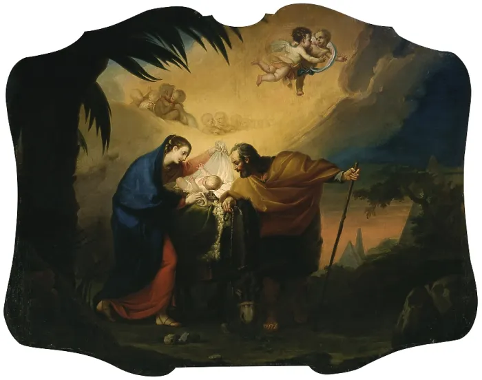 Framed Print : Flight into Egypt, by Paolo Borroni, 1777 - 1778, 18th Century, oil on contoured canvas - Italy, Lombardy, Voghera, Church of Saint Joseph the Bridegroom. Whole artwork view