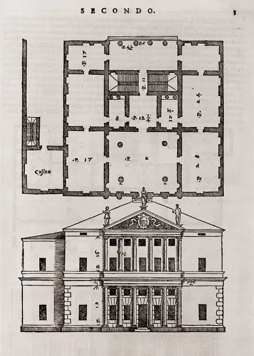 Framed Print : Floor plan and elevation of a classical style house from Andrea Palladio's (1508-1580), THE FOUR BOOKS OF ARCHITECTURE, 1570 Framed Print : Floor plan and elevation of a classical style house from Andrea Palladio's (1508-1580), THE FOUR BOOKS OF ARCHITECTURE, 1570