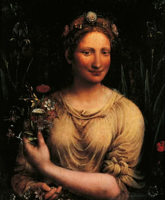 Framed Print : Flora, by attributed to Francesco Melzi, 16th Century, oil on panel, cm 65 x 55 - Italy, Lazio, Rome, Borghese Gallery. All