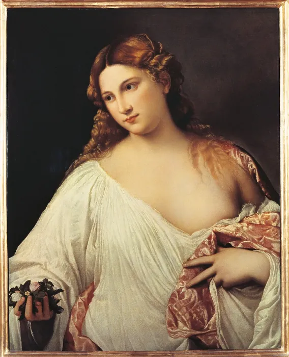 Framed Print : Flora, by Tiziano Vecellio known as Titian, 1515 - 1518 about, 16th Century, oil on canvas, cm 79 x 63 - Italy, Tuscany, Florence, Uffizi Gallery