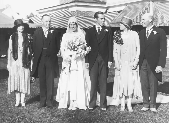Framed Print : Florence Trumbull and John Coolidge wedding portrait, Sept. 28, 1929, Plainville, CT. L-R: Grace Goodhue Coolidge; Calvin Coolidge; Florence Trumbull Coolidge; John Coolidge; Mrs