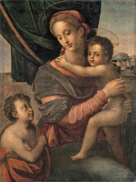 Framed Print : Florentine Artist, Madonna and Child with Young Saint John, 1520, 16th Century, oil on canvas, Italy, Emilia Romagna, Rolo, Reggio Emilia, San Zenone Parish Church