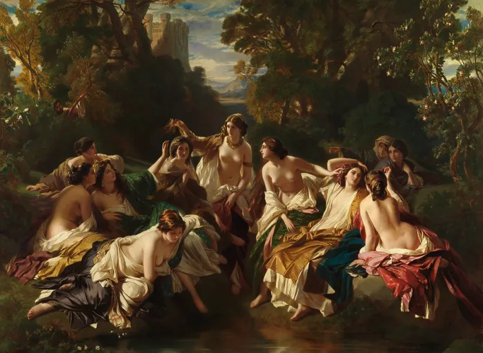 Framed Print : FLORINDA, by Franz Xaver Winterhalter, 1853, German painting, oil on canvas. The legend of Florinda (covered by a cloak), daughter of Count Julian, is with her ladies in waiting