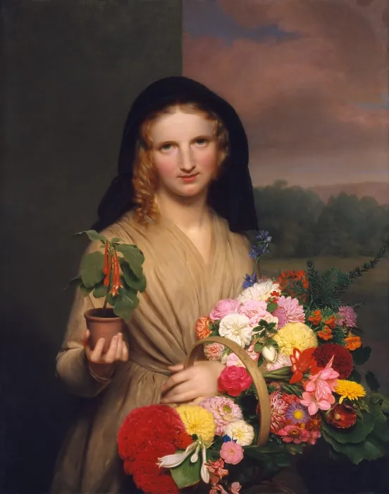 Framed Print : THE FLOWER GIRL, by Charles Cromwell Ingham, 1846, American painting, oil on canvas. A street vendor selling flowers makes direct eye contact to the viewer
