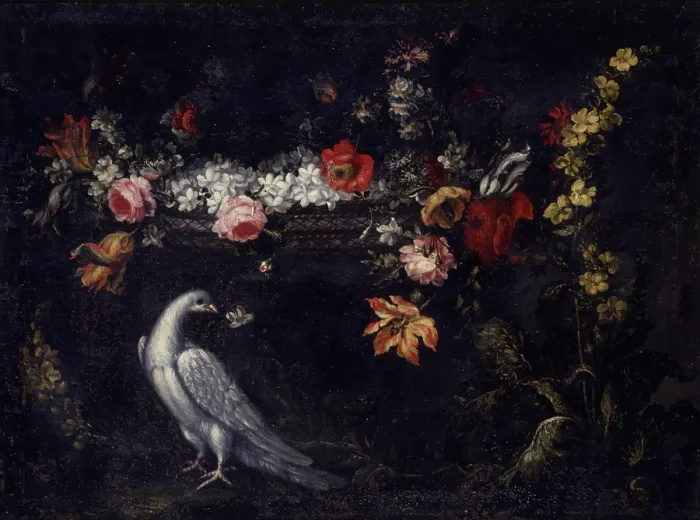 Framed Print : Flower and Pigeon (Fiore con piccione), by Maria Marchetti, 17th century, oil on canvas - Italy, Emilia Romagna, Piacenza, Church of San Sisto. Whole artwork view Framed Print : Flower and Pigeon (Fiore con piccione), by Maria Marchetti, 17th century, oil on canvas - Italy, Emilia Romagna, Piacenza, Church of San Sisto. Whole artwork view