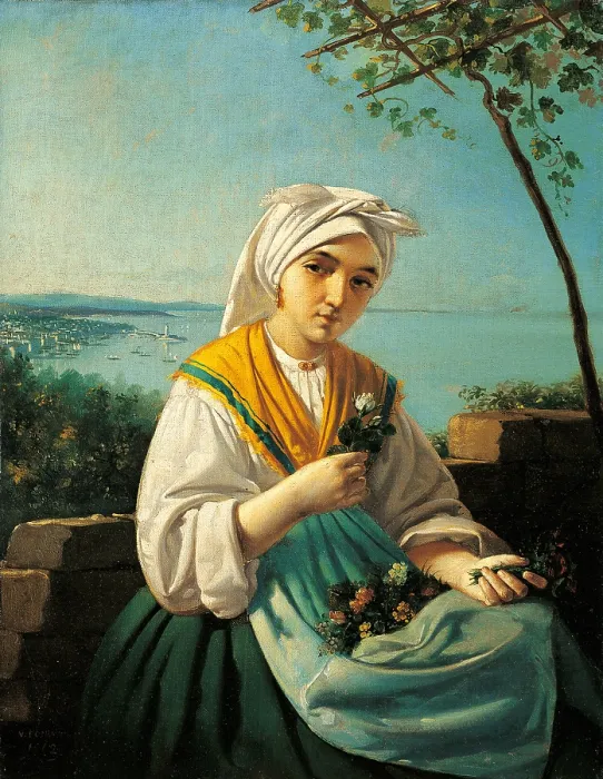 Framed Print : Flower Seller Girl in a Costume, by Vincent Poiret, 1862, 19th Century, oil on canvas, 58 x 45 cm - Italy, Lombardy, Milan, Castello Sforzesco, Civic Collections of Ancient Art Framed Print : Flower Seller Girl in a Costume, by Vincent Poiret, 1862, 19th Century, oil on canvas, 58 x 45 cm - Italy, Lombardy, Milan, Castello Sforzesco, Civic Collections of Ancient Art