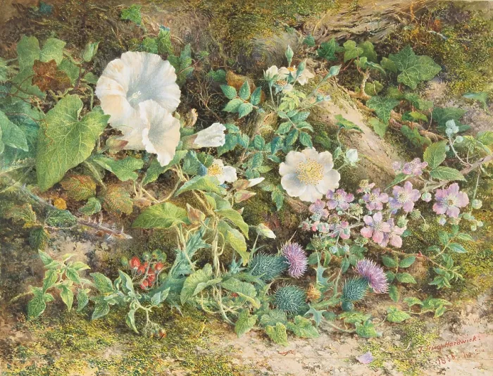 Framed Print : FLOWER STUDY, by John Jessop Hardwick, 1866, British watercolor painting. Petunias, wild roses, thistles, and red berries grow amongst moss and fallen logs