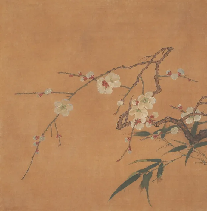 Framed Print : FLOWERING PLUM AND BAMBOO, Chinese, 17th c. painting, album leaf, ink, color on silk. The branches with flowers and leaves are painted in a delicate realist style Framed Print : FLOWERING PLUM AND BAMBOO, Chinese, 17th c. painting, album leaf, ink, color on silk. The branches with flowers and leaves are painted in a delicate realist style