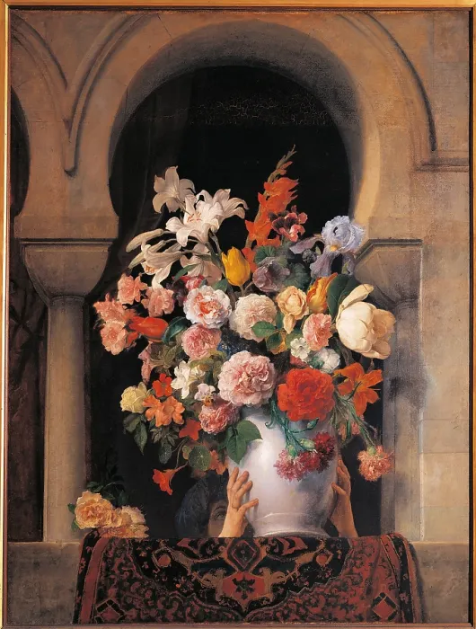 Framed Print : Flowers, by Francesco Hayez, 19th Century, oil on canvas, cm 125 x 94, 5 - Italy, Lombardy, Milan, Brera art gallery. Vase flowers hands carnations lilies roses rug Framed Print : Flowers, by Francesco Hayez, 19th Century, oil on canvas, cm 125 x 94, 5 - Italy, Lombardy, Milan, Brera art gallery. Vase flowers hands carnations lilies roses rug