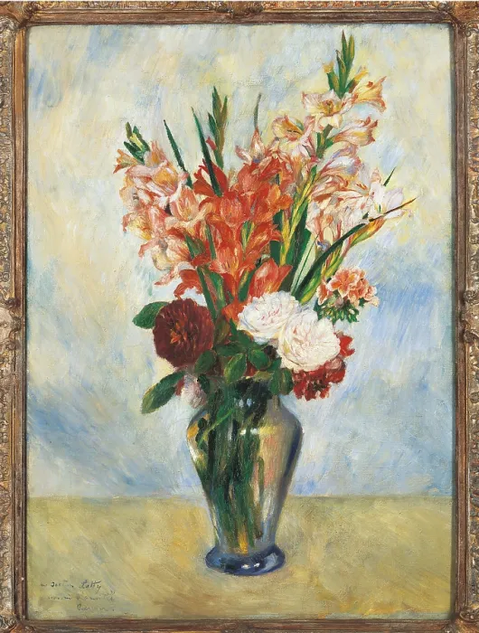 Framed Print : Flowers in a Vase Gladioluses, by Pierre-Auguste Renoir, 1885 about, 19th Century, oil on canvas, 75 x 54, 5 - France, Ile de France, Paris, Muse dOrsay, RF1973-21. All