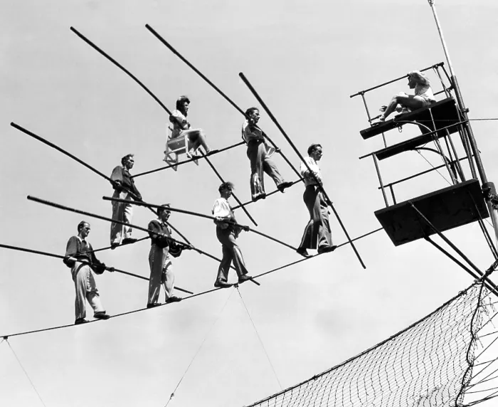Framed Print : The Flying Wallendas, a circus act known for performing stunts without safety nets, practicing their act, 1947.. Courtesy: CSU Archives / Everett Collection Framed Print : The Flying Wallendas, a circus act known for performing stunts without safety nets, practicing their act, 1947.. Courtesy: CSU Archives / Everett Collection