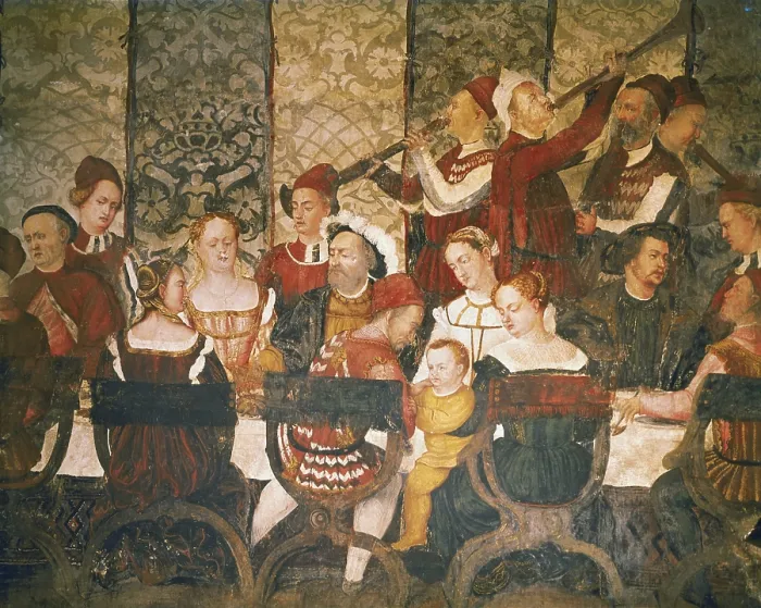 Framed Print : FOGOLINO, Marcello (1483-1553). Guests at the Banquet given by Bartolomeo Colleoni for King Christian I of Denmark. Detail. Renaissance art. Fresco. ITALY. Bergamo
