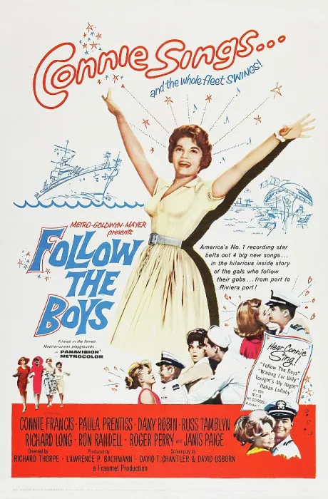 Framed Print : FOLLOW THE BOYS, top: Connie Francis, bottom l-r: Janis Paige, Ron Randell, Connie Francis, Roger Perry, Paula Prentiss, far bottom, Russ Tamblyn on poster art, 1963