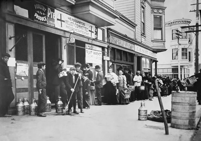 Framed Print : Food line at Relief Station run by the American Red Cross after the 1906 San Francisco earthquake. Mischievous boys mug for the camera (BSLOC_2017_17_41) Framed Print : Food line at Relief Station run by the American Red Cross after the 1906 San Francisco earthquake. Mischievous boys mug for the camera (BSLOC_2017_17_41)