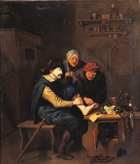 Framed Print : Foot Surgery, by Dusart Cornelis, late 17th Century, oil on panel, 49 x 57 cm - Italy, Lombardy, Milan, Castello Sforzesco, Civic Collections of Ancient Art. Whole artwork view