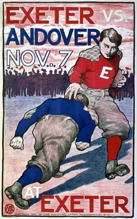 Framed Print : Football. A prep school football player faces a tackle as he runs for the end zone, colored pencil, Bristow Adams, artist, 1903