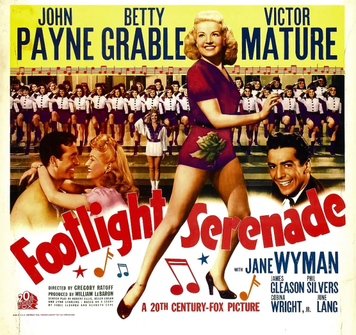 Framed Print : FOOTLIGHT SERENADE, from left: John Payne, Betty Grable, Victor Mature on window card, 1942, TM and Copyright 20th Century Fox Film Corp