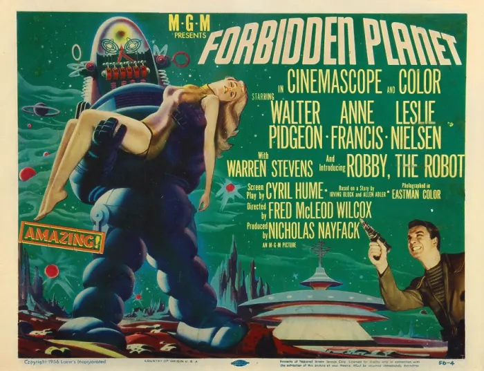 Framed Print : FORBIDDEN PLANET, left: Robby the Robot, lower right: Leslie Nielsen, 1956