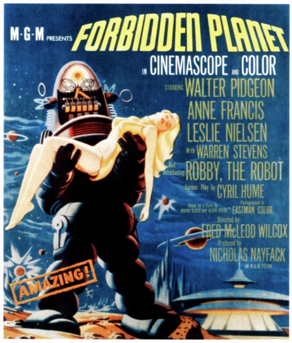 Framed Print : FORBIDDEN PLANET, left: Robby the Robot on window card, 1956 Framed Print : FORBIDDEN PLANET, left: Robby the Robot on window card, 1956