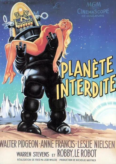 Framed Print : FORBIDDEN PLANET, Robby the Robot holding Anne Francis on French poster art, 1956
