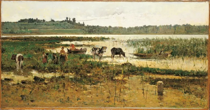 Framed Print : The Ford, by Achille Befani Formis, 19th Century, oil on canvas, cm 65, 9 x 126 - Italy, Lombardy, Milan, Banca Popolare di Milano Art Collection. All