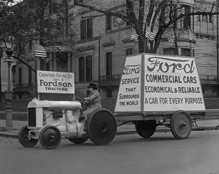 Framed Print : Fordson tractor pulls mobile Ford advertising in Washington, D.C. in 1922. Fordson tractors were reliable, low priced, and affordable for farmers (BSLOC_2016_10_112)