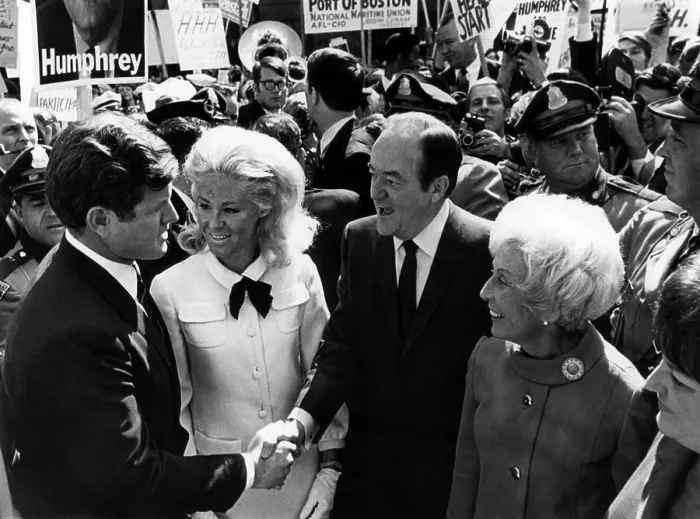 Framed Print : Foreground: Senator Edward M. Kennedy, Joan Kennedy, Vice President Hubert Humphrey, Muriel Humphrey, Logan International Airport, Boston, Massachusetts, September 19, 1968 Framed Print : Foreground: Senator Edward M. Kennedy, Joan Kennedy, Vice President Hubert Humphrey, Muriel Humphrey, Logan International Airport, Boston, Massachusetts, September 19, 1968