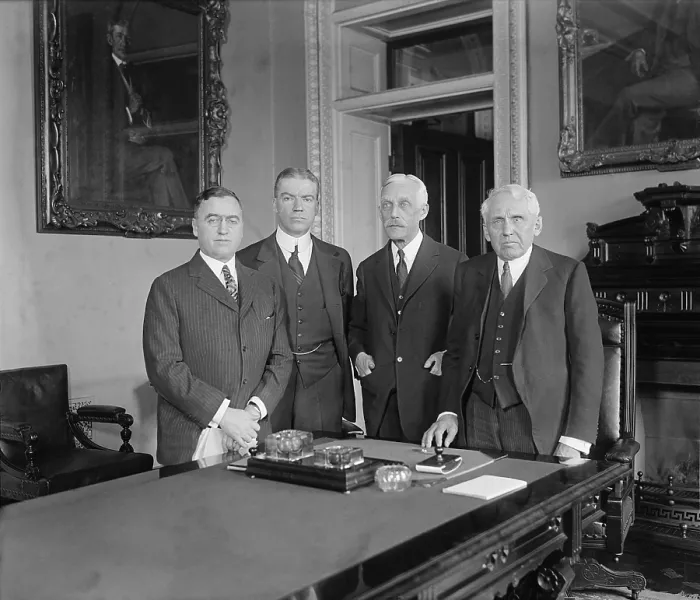 Framed Print : Foreign Debt Commission was formed to collect World War I debts from former European allies. Left to right are: Garrard B