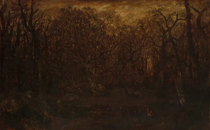 Framed Print : THE FOREST IN WINTER AT SUNSET, by Theodore Rousseau, 1846-67, French painting, oil on canvas