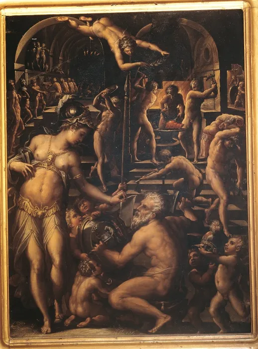 Framed Print : The Forge of Vulcan, by Giorgio Vasari, 1564 about, 16th Century, oil on copper, cm 38 x 28 - Italy, Tuscany, Florence, Uffizi Gallery. In the Gallery collections since 1948. All