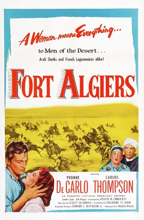Framed Print : FORT ALGIERS, l-r: Carlos Thompson, Yvonne De Carlo, Leif Erickson, Raymond Burr on poster art, 1953