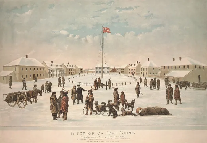 Framed Print : Fort Garry, Manitoba, 1884. Winter scene of Fort Garry with Native Americans and Euro-Americans mingling in the courtyard