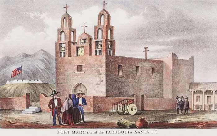 Framed Print : FORT MARCH AND THE PARROQUIA SANTA FE, 1848. This was an illustration of a post-Mexican War US Army reconnoissance of US Western lands Framed Print : FORT MARCH AND THE PARROQUIA SANTA FE, 1848. This was an illustration of a post-Mexican War US Army reconnoissance of US Western lands