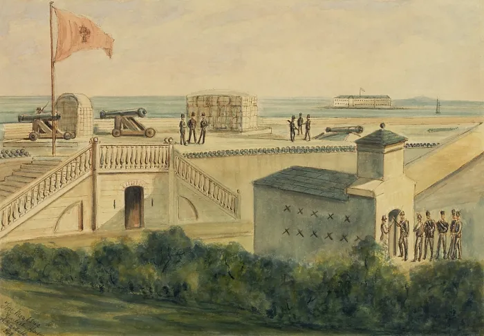 Framed Print : Fort Moultrie, in Charleston Harbor South Carolina, as it appeared around 1861. On lower right, soldiers pass a sentry. Above, soldiers maintain a watch near the cannons