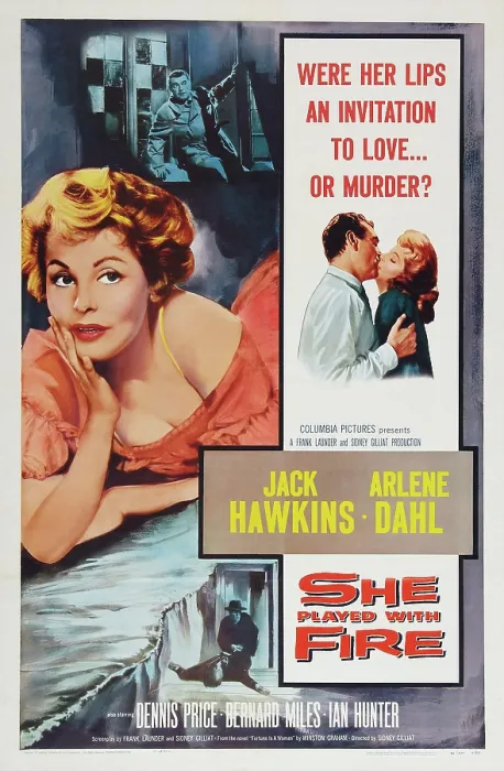 Framed Print : FORTUNE IS A WOMAN, (aka SHE PLAYED WITH FIRE), US poster art, left and right: Arlene Dahl; second right: Jack Hawkins, 1957