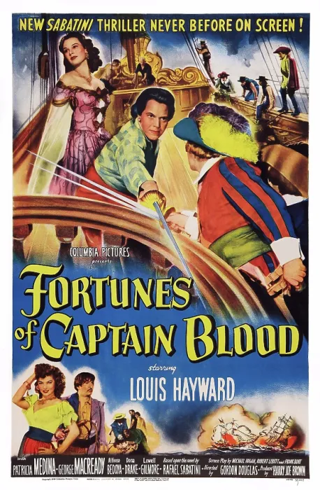Framed Print : FORTUNES OF CAPTAIN BLOOD, US poster art, top left: Patricia Medina; center: Louis Hayward, 1950 Framed Print : FORTUNES OF CAPTAIN BLOOD, US poster art, top left: Patricia Medina; center: Louis Hayward, 1950