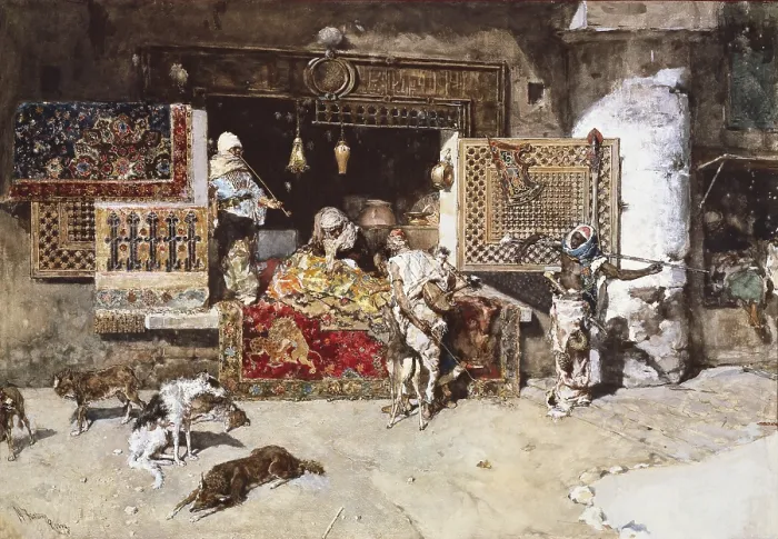 Framed Print : FORTUNY I MARSAL, Mariano (1838-1874). The tapestry merchant. 1870. Work executed in Paris. Romanticism. Orientalism. Watercolour. SPAIN. Monistrol de Montserrat