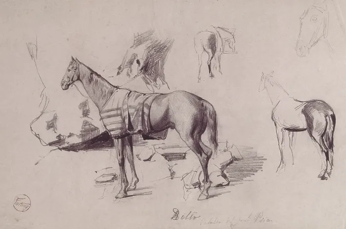 Framed Print : FORTUNY I MARSAL, Mariano (1838-1874). Delio, the horse of General Prim. Notes from the War of Africa (Hispano-Moroccan War), 1860. Drawing with pencil (31.5x21cm). Romanticism