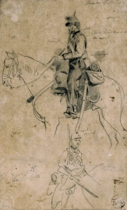 Framed Print : FORTUNY I MARSAL, Mariano (1838-1874). Two soldiers on horseback in Africa.. Notes from the War of Africa (Hispano-Moroccan War), 1860. Drawing with pencil. Romanticism. Drawing
