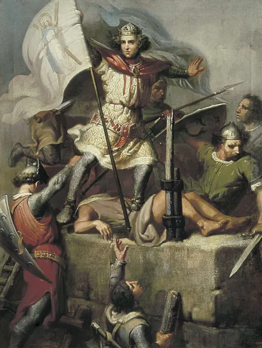Framed Print : FORTUNY, Mariano (1838-1874). Count Berenguer III Raising the Standard of Barcelona on the Tower of Foix Castle. 1857